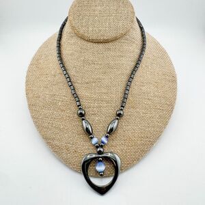 Vintage Magnetic Hematite Heart Necklace Blue Cats Eye Bead Healing Love